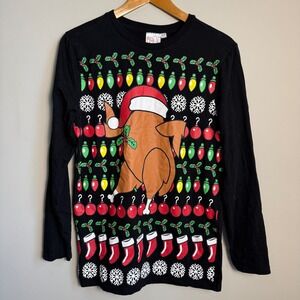 Ugly Xmas Turkey‎ Santa Hat Christmas Long Sleeve Holiday Top Medium